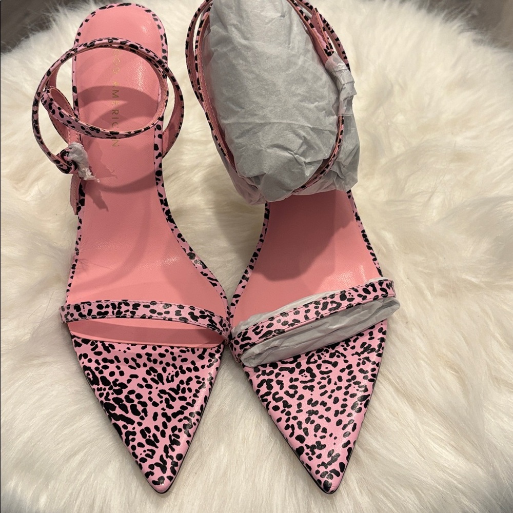 Pink Good American Leopard Print Strappy Heels